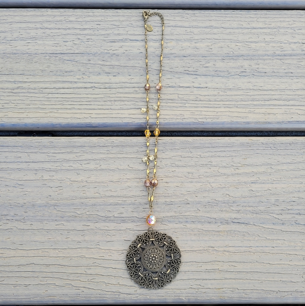 Gold Colored Necklace with Large Pendant | Express